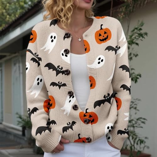 Halloween Sweaters for Women 2025 Funny Ghost Spooky Pumpkin Print Fall Winter Long Sleeve Button Knit Cardigan Sweater2