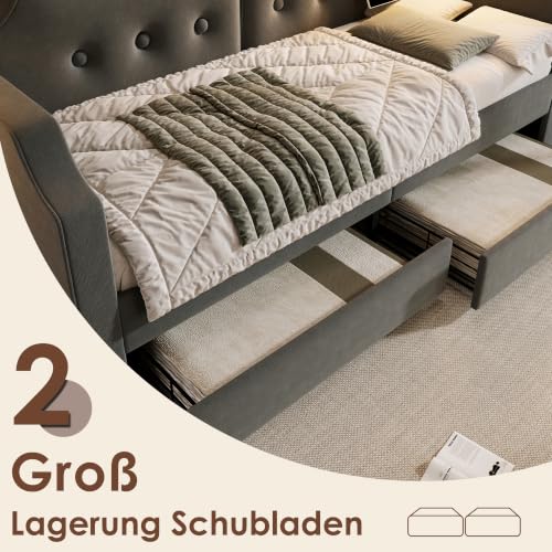 Cama tapizada gris de 90x200 para dormitorio juvenil con cajones amplios para guardar ropa 6