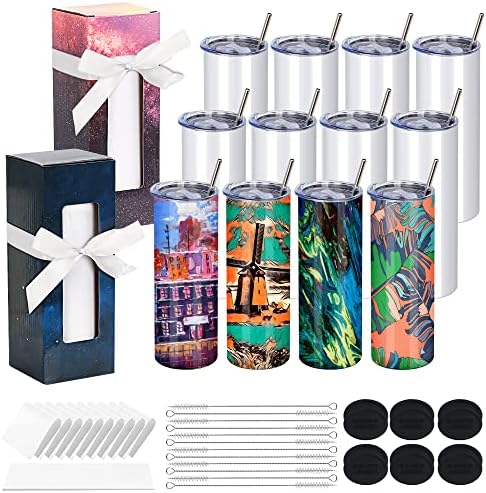 12 Pack 20 OZ Sublimation Tumbler Skinny Straight Bulk, Stainless Steel Double-Walled Insulated Sublimation Tumbler Blank for Heat Transfer, 2 Kinds of Individual Gift Boxes with Ribbons are Available