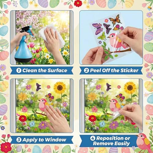 Aquarell Fensterbilder Frühling Sommer,8 Blatt Selbstklebend Fensterbilder Blumen Vogel Schmetterling Wiederverwendbar Fenstersticker Selbstklebend Fenster Aufkleber Deko für Fensterdeko Kinderzimmer