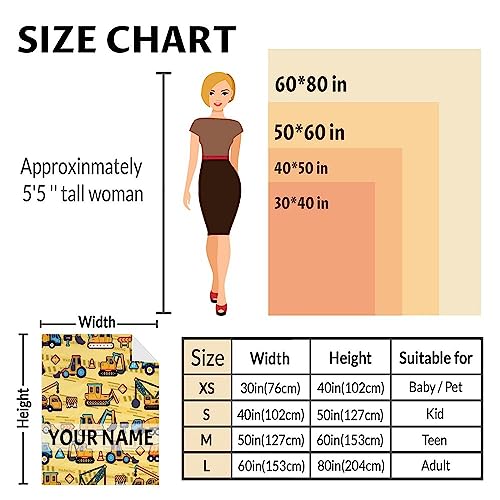 Personalized Construction Truck Blanket Gifts with Name - 50x60 Inches Funny Throw Blanket for Boys & Kids - Yellow Soft Fuzzy Excavator Blankets for Bed, Couch & Living Room