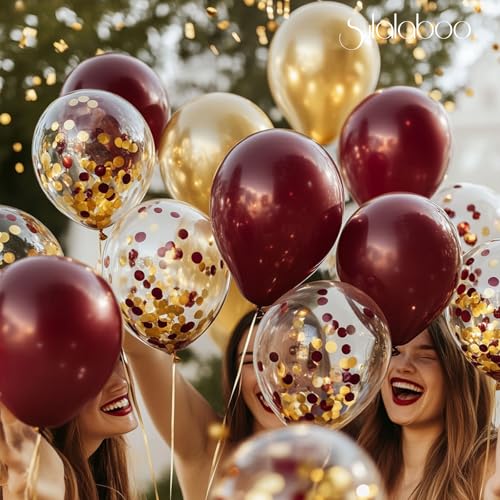 Image of Metallic Burgundy and Gold Balloons 12 Inch 73PCS Gold Maroon Confetti Latex Balloons Shiny Helium Balloon Set for Birthday Party Anniversary Graduation Decorations