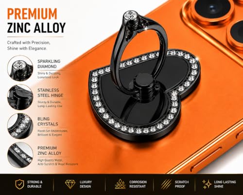 Image of Mizi 2Pack Bling Heart Phone Ring Holder Stand, 360 Rotating & 180 Foldable Finger Grip Kickstand with Strong 3M Adhesive, Zinc Alloy Phone Ring-Smartphones & Tablets, Sparkly Diamond Design - Black