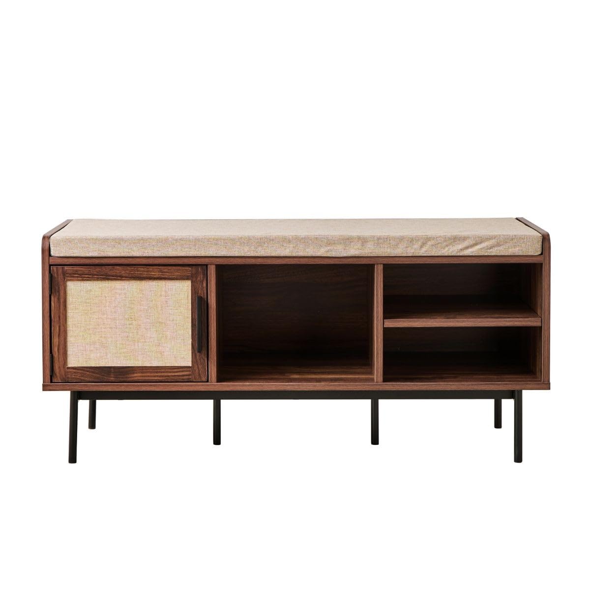 Calicosy – Banc à Chaussures Décor Noyer – 3 Niches et 1 Porte avec Façade en Tissu Beige – Métal Noir – Collection Jetson – Entrée, Chambre – L 100 x P 35 x H 45,​5 cm