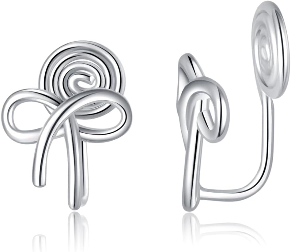 Reffeer Solid 925 Sterling Silver Bow Clip On Earrings Ribbon for Women Bowknot Cuff Earrings Non Pierced Wrap Earrings