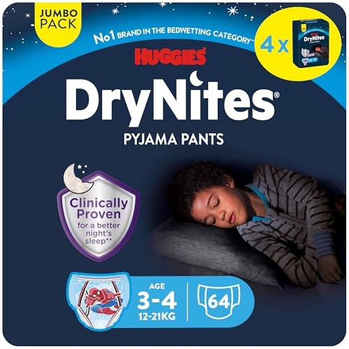 Huggies DryNites Pañales de Noche para Niño 3-4 (16-23 kg), Clínicamente Probado con 5 Capas de Máxima Protección Nocturna, 4 Packs de 16, Total 64 Calzoncillos Absorbentes