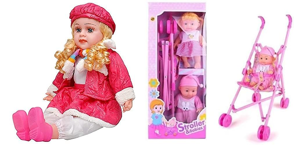 Exegi Enterprise Singing and Poem Girl Doll Soft Clothing for Barbie Random Color Dress+Stroller Doll Toy with Real Moving StrollerToyStroller with 2 Dolls Easily Foldable Trolley for Girls(Pack Of 5)
