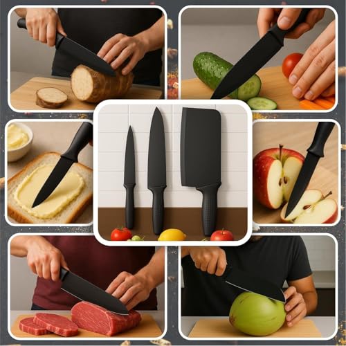 Image of VRIND'S ENTERPRISE Stainless Steel Chef Knife Set Meat Professional Knife with Sharp Blade with Ergonomic Handle Sharp Manual Sharpening Knives for Home Kitchen (5 Black)