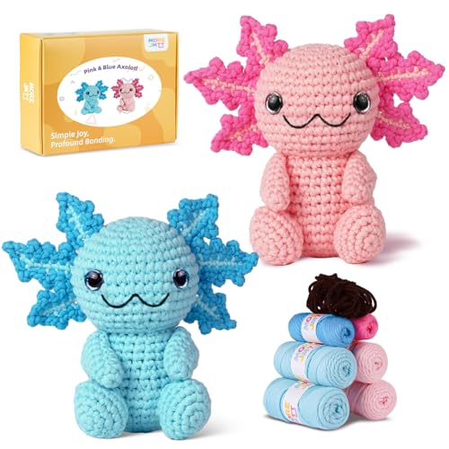 MOREJMTT Crochet Kit for Beginners Crochet Animal Kits Crocheting Kit for Starters with Step-by-Step Video Tutorials Beginner Crochet Kits for Adults (2Pack Axolotl)