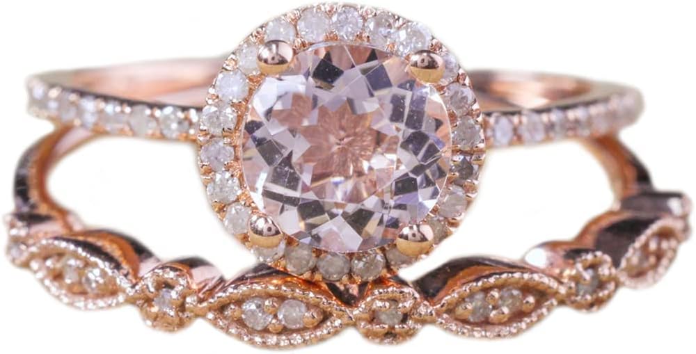 Koguxuix 18K Rose Gold Ring Set Pink Elegant Morganite CZ Crystal Gemstone Wedding Bridal Ring Set (9) - Image 3