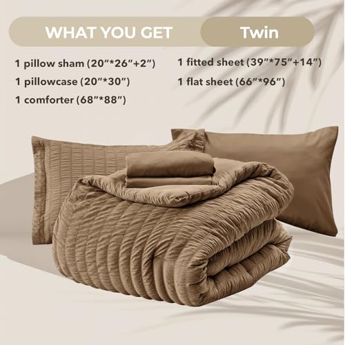 Image of HYMOKEGE Brown Twin Comforter Set Seersucker 5 Pieces, All Season Luxury Bed in a Bag for Bedroom, Bedding Set with Comforter, Sheets, Pillowcase & Sham