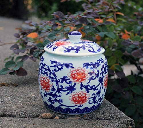 Ancient Chinese Style Blue And White Porcelain Helmet-Shaped Temple Jar (Medium Size Floral Red And Blue) #TOP2