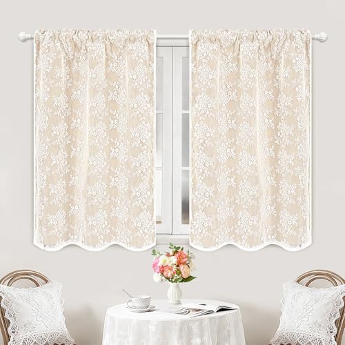 Image of Yinhua Beige Kitchen Curtains 36 Inch Length Double Layer Blackout Cafe Curtains with Floral Sheer Overlay Rod Pocket Short Curtain for Windows, Small Window Curtain for Bathroom Living Room, 2 Panels