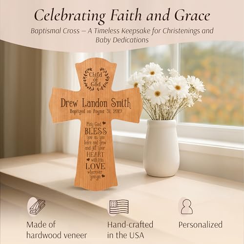 Image of LifeSong Milestones Personalized Baptism 1st Holy Communion Christening Gifts Custom Wall Cross Child of God. May God BLESS you as you learn and grow. Maple wood cross (Cherry) 8.5 inch x 11 inch