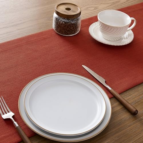 Image of ZeeMart Linen Textured Border Table Runner, 14 x 36 Inch Orange, Farmhouse Style Burnt Orange Fall Table Runners 36 Inches Long, Easy Care Everyday Polyester Table Runner