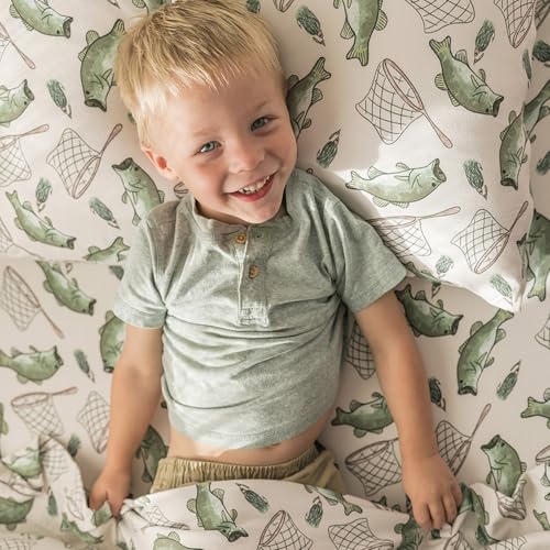 Image of Pobibaby Twin Sheet Set Kids, 3-Piece, Cotton Blend (Gone Fishing) | Kids Bed Sheet Set, 3-Piece, Fitted Sheet, Flat Sheet, Pillowcase, Cotton Blend, Deep Pockets, Soft, Machine Wash, Seasons