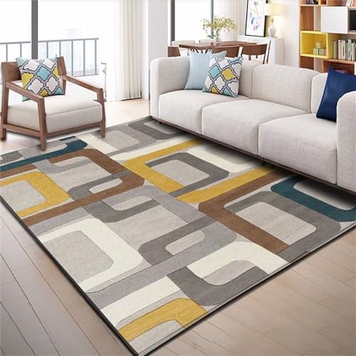 Tapis pas cher géométrique jaune et gris pour salon et chambre