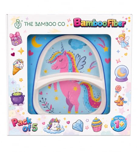 Image of Bamboo Kids Feeding Set of 5 |Made of Bamboo| Affordable Kids Crockery Set Tableware |Baby Utensils and Dishes Set | Eco-Friendly |Organic & Natural (Unicorn in The Sky)