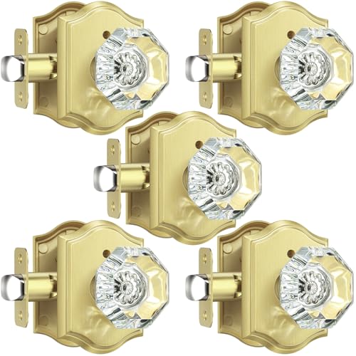 Calzibeno 5 Pack Gold Glass Door Knobs, Octagon Crystal Door