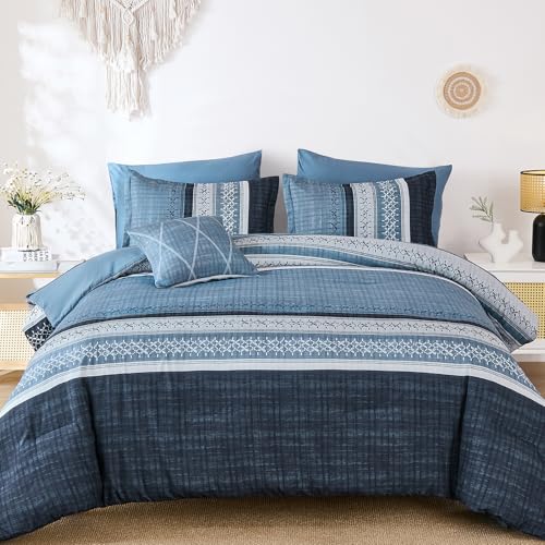Image of Dintszyayue Navy Blue King Comforter Size Set, 8 Pieces Striped Texture Bed in a Bag Bedding Sets, Lightweight Soft Comforter and Sheet Set, All Season Microfiber Teen Boys Bedding Sets for Men Women