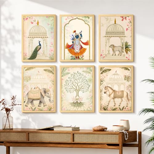 Image of PAINTINGMANTRA Madhubani Wall Paintings for living room, Mughal Queen Floral Madhubani Wall Art Painting with frame for Home wall Decoration, Office, Set of 6, 13x18 Inch