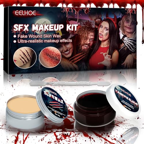 Vautvis Sangue falso de Halloween, Halloween pinturas corporais Kit, maquilhagem de efeitos especiais, pintura sangue Halloween para maquilhagem Zombie vampiro ferida com 1 espátula