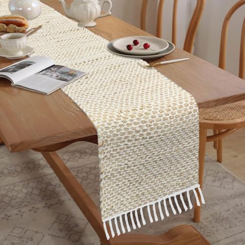 Image of Luxe Home Elegant Beige and White Woven Table Runner with Tassels - Mix Cotton Jute 13 x 74 Inch, Honeycomb - Perfect for Dining Table, Center Table, Decor