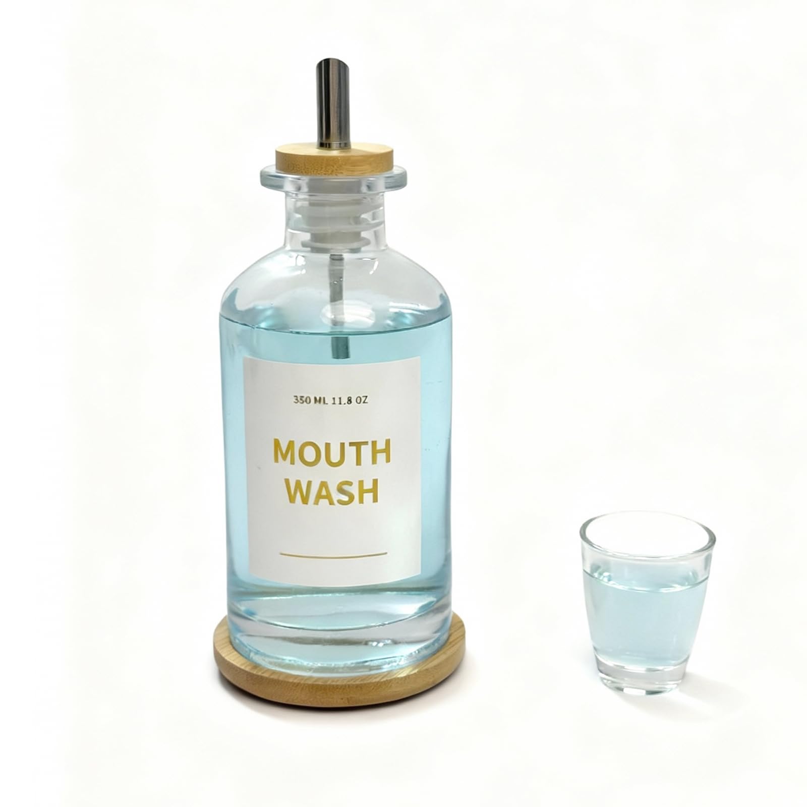 Yumzxin 11.8OZ Glass Mouthwash Bottle with Bamboo Tray & Stainless Steel Nozzle, Refillable Bathroom Organizer, Essential Oil Dispenser, Minimalist Vanity Decor