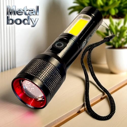 Image of Usha+ HP-360C Rechargeable Torch, Powerbank Function, Aircraft Aluminum Body, Telescopic Zoom, Water Resistant Flashlight with Multiple Light Modes (Black) LED