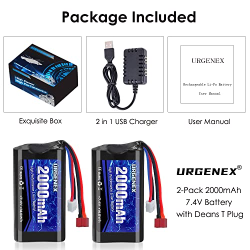 URGENEX 2000mAh 7.4 V Li-ion Battery with Deans T Plug 2S Rechargeable RC Battery Fit for WLtoys 4WD High Speed RC Cars and Most 1/10, 1/12, 1/16 Scale RC Cars Trucks with 7.4V Battery Charger - Image 7