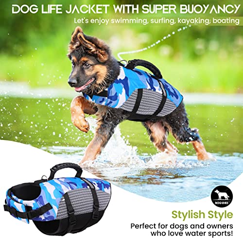 Migohi Dog Life Jacket, Camo Dog Life Vest With Rescue Handle For Swimming Boating Pool, High Visibility Dog Flotation Swimsuit Ripstop Doggy Lifesaver For Small Medium Large Dogs, Blue Xl #TOP1