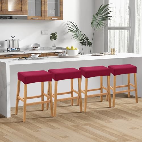 Image of YISUN Stool Covers Rectangle - 4 Pack Stretch Waterproof Saddle Seat Cover Counter Bar Stools Bar Chairs Covers Kitchen Island Chairs Cushion Protector (4, Wine Red)