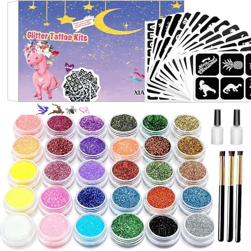 Temporary Glitter Tattoos Kit for Kids - 30 Color Body Glitter, 135 Tattoo Stencil, Festival Make-up for Girls, Kids, Teenagers & Adults