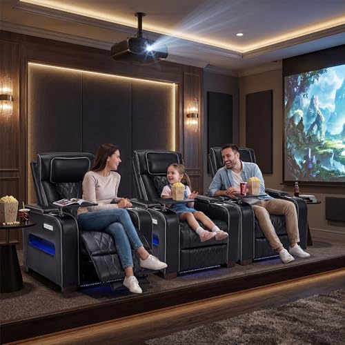 Image of Luxury Home Theater Seating, Dual Motor Power Recliner Chair with Adjustable Headrests, Reclining Movie Theater Seats with Extended Footrest, Tray Table for Living Room (Black)