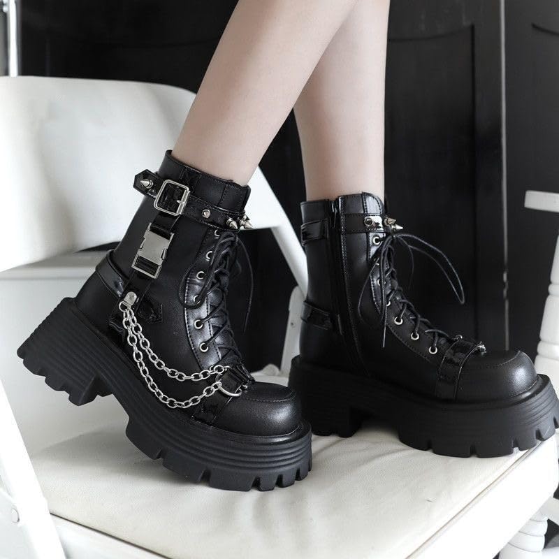 Cute Goth Combat Boots with Chains Studs Charms High Heels Platform Chunky Lace-up Comfy Non Slip Lightweight Softy Shoes Edgy Indie Punk Rock Y2K Pretty Fashion for Women3