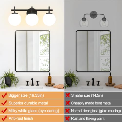 Image of MOKATNG 3-Light Bathroom Light Fixtures with Milky White Glass, Matte Black | 19.3 inch Vanity Lights for Bathroom, Bathroom Lighting Over Mirror, Wall Sconce, Fits E12 bulbs(Bulb Not Included)