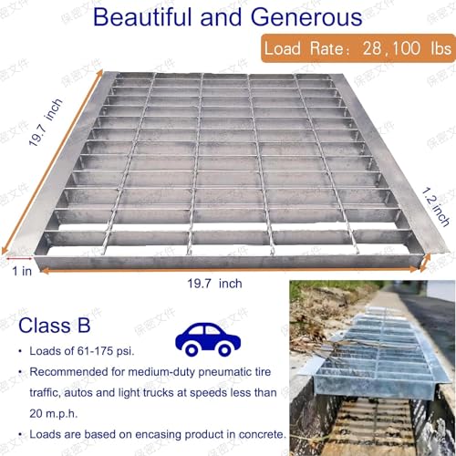 Image of Galvanized Steel Drain Grate with Lip 20x20 in, B-Class 28100 lbs Heavy-Duty Driveway Channel Cover w /Base, Outdoor Trench Drainage Grate, Silver Square Metal Sewer Cover for Garage