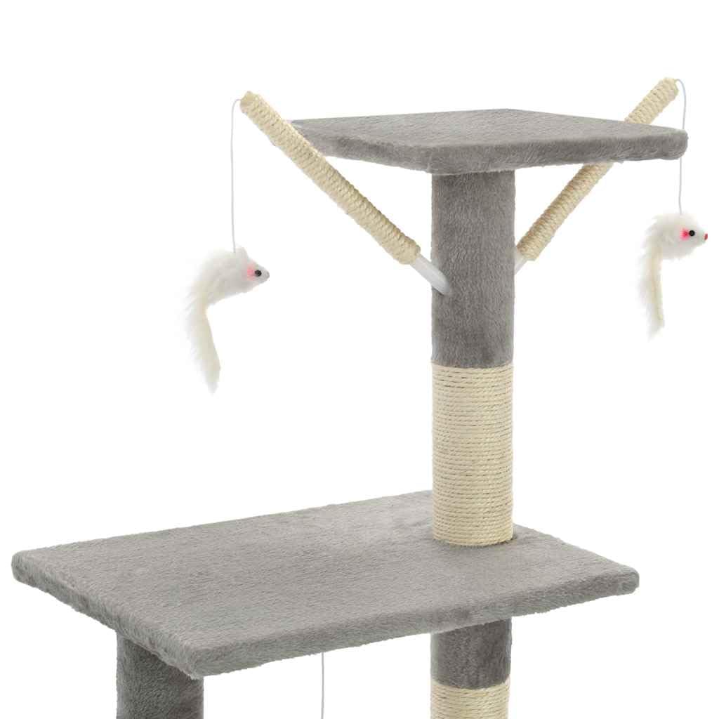 Árbol rascador para gatos con columnas de sisal, 138 cm, color gris, muebles de escalada con cueva, plataformas, zonas de descanso y 3 juguetes de ratón para apartamento