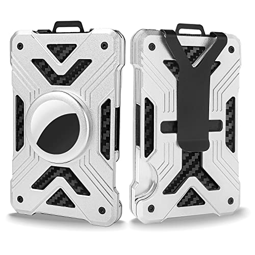 AirTag Wallet (No Airtag) with Metal Money Clip, Minimalist Wallet for Men with AirTag Holder, Carbon Fiber Money Clip, Slim Wallet for Men, RFID Blocking, Ultra-Thin Tactical Wallet Gift-Silver