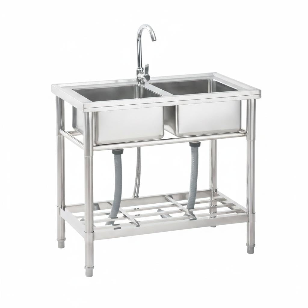 Garveelife Double Bowls Double Bowl Stainless Steel Sink With Tap & Undershelf, Freestanding Catering Utility Sink 84X46x76cm, Commercial Kitchen Wash Basin For Restaurant, Garage, Garden