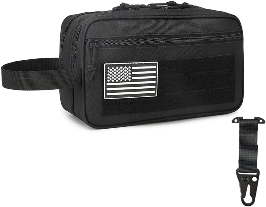 Tactical Toiletry Bag for Men – MOLLE Dopp Kit with Dry/Wet Separation, Large Capacity, Water-Resistant Travel Shaving Bag with U.S Patch & T-Mount MOLLE Clip (Black)