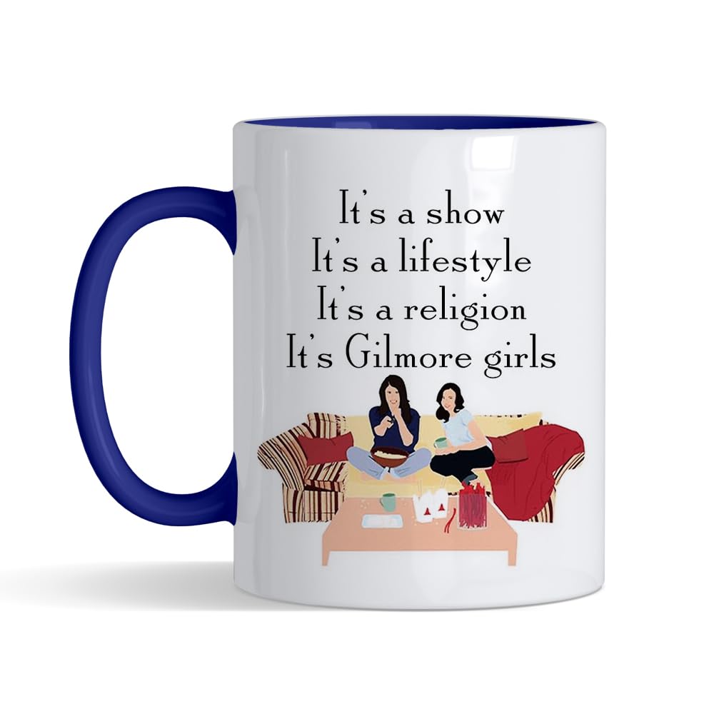 Crunchy Carrots Show, Lifestyle, Religion, It's Gilmore Girls 11 oz Ceramic Coffee Mug for Birthday, Christmas, Best Friend. (Navy Blue Inside and Handle)