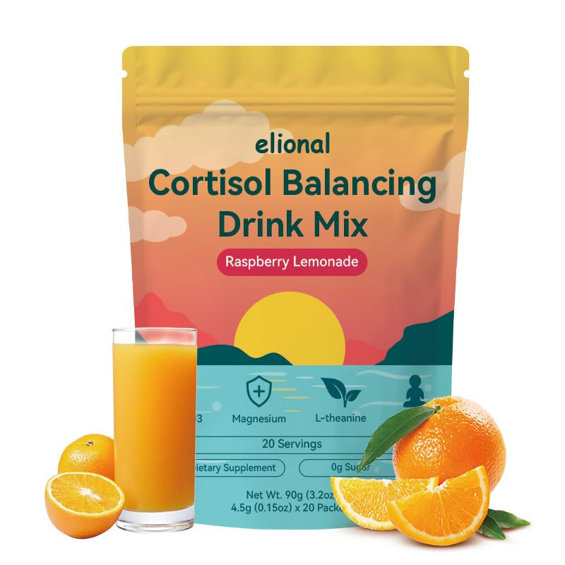 Cortisol Drink Mix for Mental Clarity Digestive Comfort Ashwagandha L-Theanine Powder Raspberry Lemonade Flavor 20 Single-Serve Packets Raspberry
