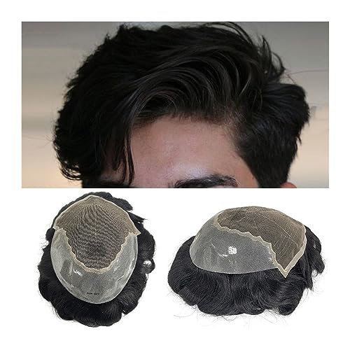 Peluca que cubre la calvicie Prótesis ondulada de peluquín for hombre, encaje suizo y Base de PU, peluca for hombre, sistemas de reemplazo de cabello humano, postizos negros transpirables de 6' Peluq