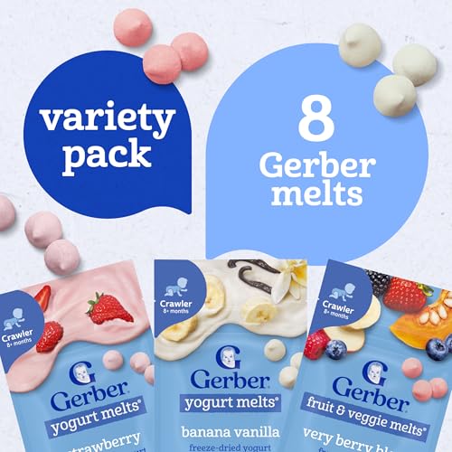 gerber stage 3 baby food snacks strawberry banana vanilla yogurt melts very berry fruit and veggie melts baby led feeding 8-pack