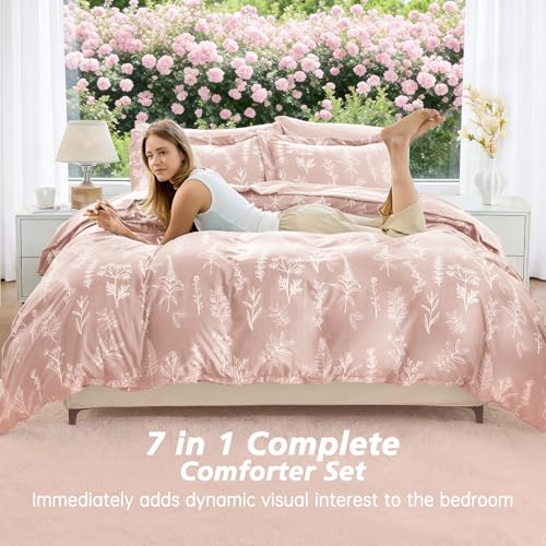 Image of MUXHOMO Cameo Pink Full Comforter Set, Elegant Floral Print Bed in a Bag 7 Pieces, Ultra Soft & Breathable Reversible Botanical Pattern Bedding Set with Comforter, Sheets, Pillowcases, and Shams
