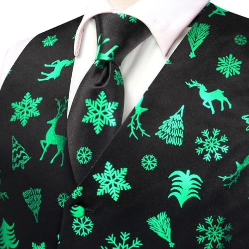 Hi-Tie Black Green Reindeers Christmas Vest and Tie Set For Mens Print Shiny Suit Waistcoat Necktie Xmas Holiday Party Tuxedo Vest3