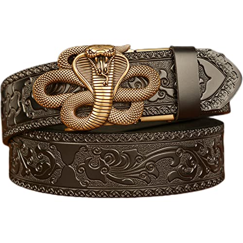 Men's Belt,Genuine Leather Ratchet Snake Slide Buckle Western Cowboy Vintage Leather Engraved Belt