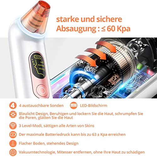 Wohlman pro Mitesserentferner Porenreiniger Vakuumsauger, 4 Funktionsköpfe, 3 Modi, LED-Bildschirm und geräuscharmes… - Image 5