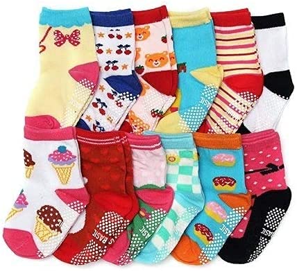 Meia Infantil Menina 1-3 Anos 12 Pares desenhos e Cores Variadas Sortidas MENINaS COM ANTIDERRAPANTE